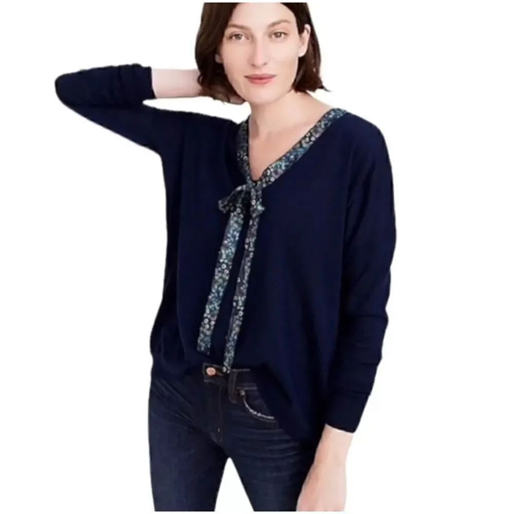 J.CREWโAbigailโBorgโNavyโMerinoโWoolโTie-NeckโV-NeckโSweater